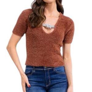 Strut & Bolt Short Sleeve Rust Brown Soft Sweater with Rhinestone Knot Accent